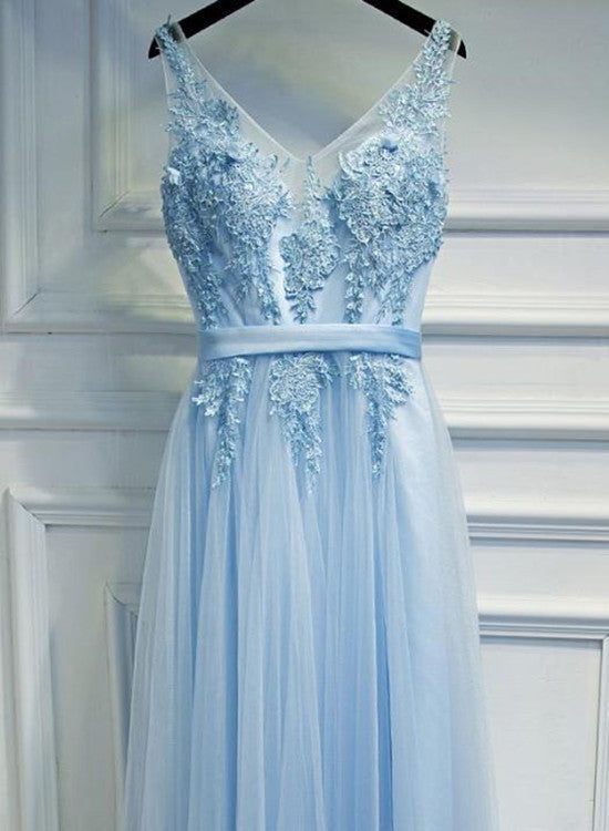 Light Blue V-neckline Charming Prom Gowns, Blue Formal Dress with Belt, Lovely Gowns