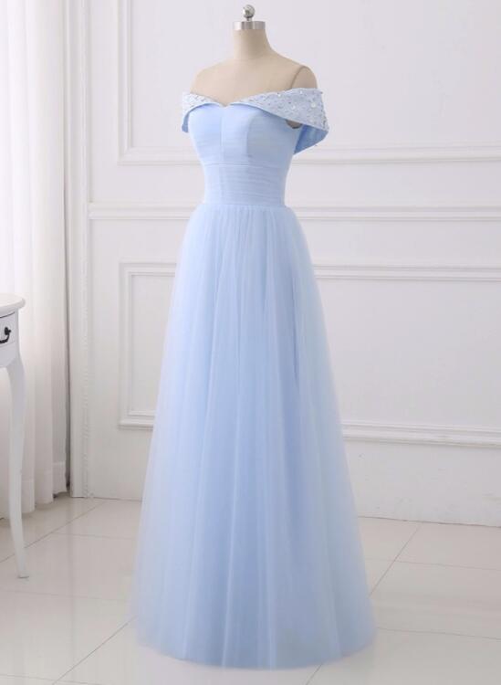 Light Blue Simple Bridesmaid Dresses, Off Shoulder Party Dress, Simple Tulle Junior Prom Dress