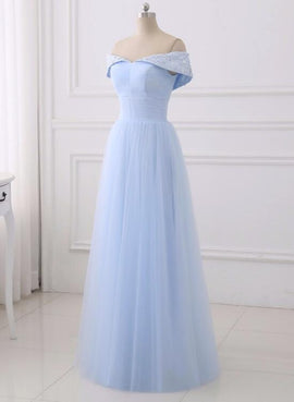 Light Blue Simple Bridesmaid Dresses, Off Shoulder Party Dress, Simple Tulle Junior Prom Dress