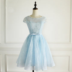 Light Blue Lace Cap Sleeves Cute Short Party Dress, Blue Homecoming Dress