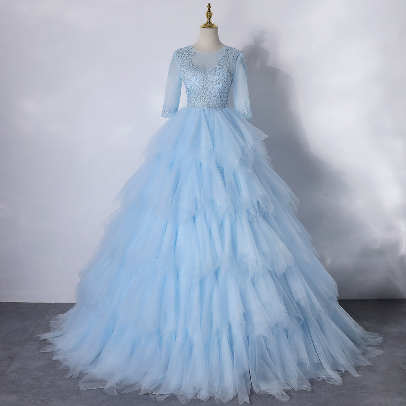 Light Blue Layers Tulle with Lace Princess Gown, Short Sleeves Ball Go Cutedressy Light Blue Layers Tulle with Lace Princess Gown, Short Sleeves Ball Go Cutedressy