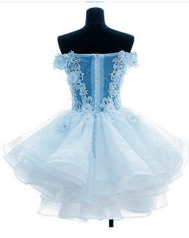Adorable Light Blue Layers Organza Party Dress with Lace, Off Shoulder Short Prom Dress