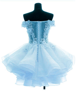 Light Blue Organza with Flower and Lace Short Party Dress, Blue Homecoming Dress