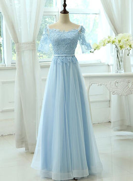Light Blue Tulle Long Party Dress with Sleeves, Lace A-line Blue Bridesmaid Dress
