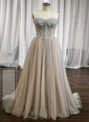 Light Champagne A-line Beaded Sweetheart Long Prom Dress, Eveing Dress Formal Dress