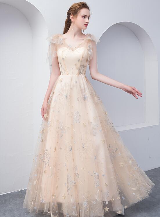 Light Champagne Lovely A-line Floor Length Party Dress, Cute Tulle Bridesmaid Dress