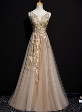 Champagne Tulle V-neckline Long Lace Prom Dress, A-line Formal Gown Party Dress