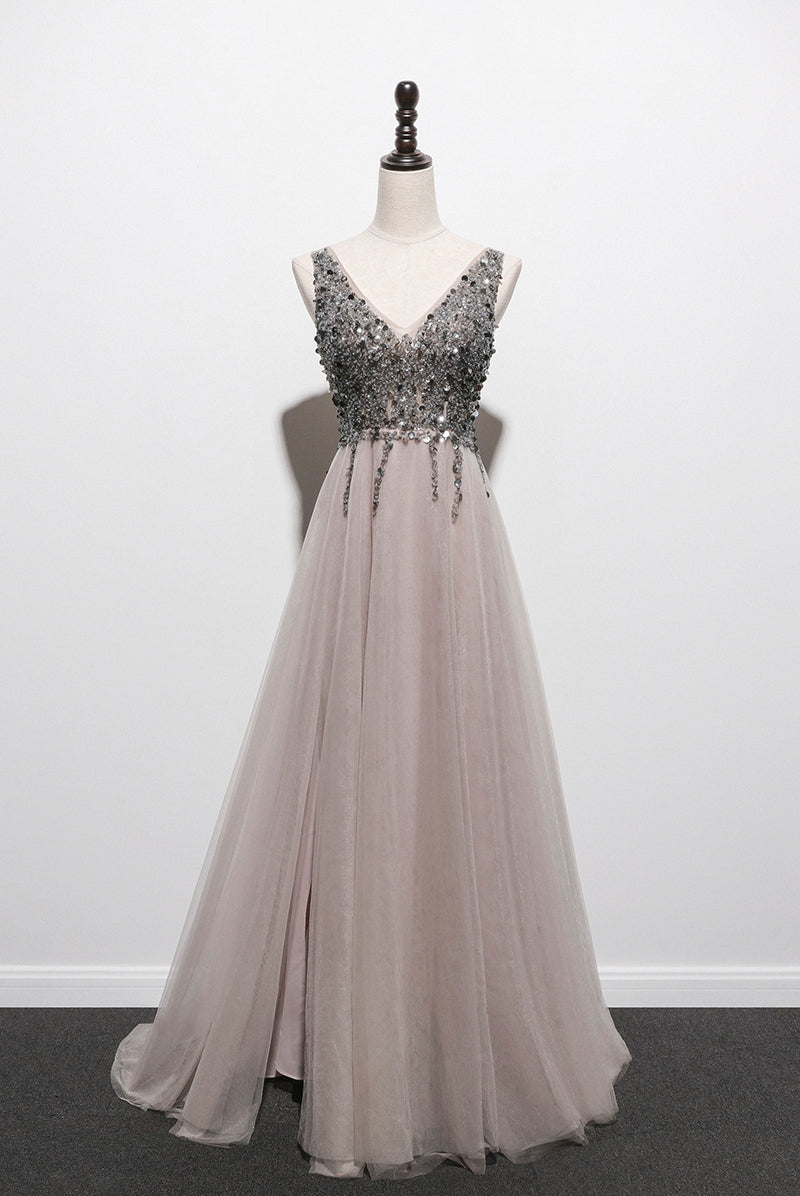 Stylish Tulle Slit V-neckline Beaded Long Party Dress, Tulle Prom Dres Cutedressy Stylish Tulle Slit V-neckline Beaded Long Party Dress, Tulle Prom Dres Cutedressy