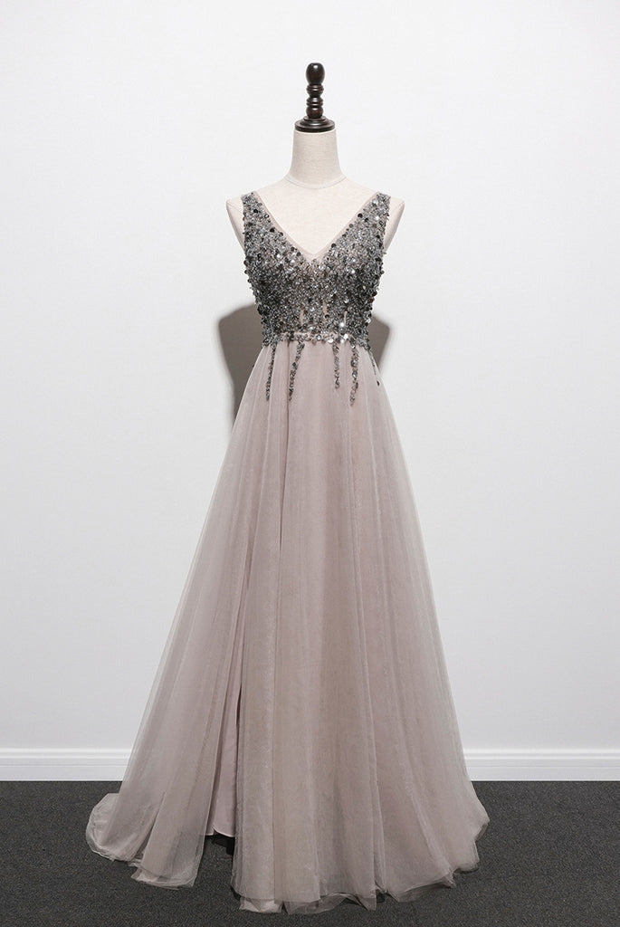 Sweet Tulle Cold Shoulder Beaded Side Slit Long Party Prom Dresses