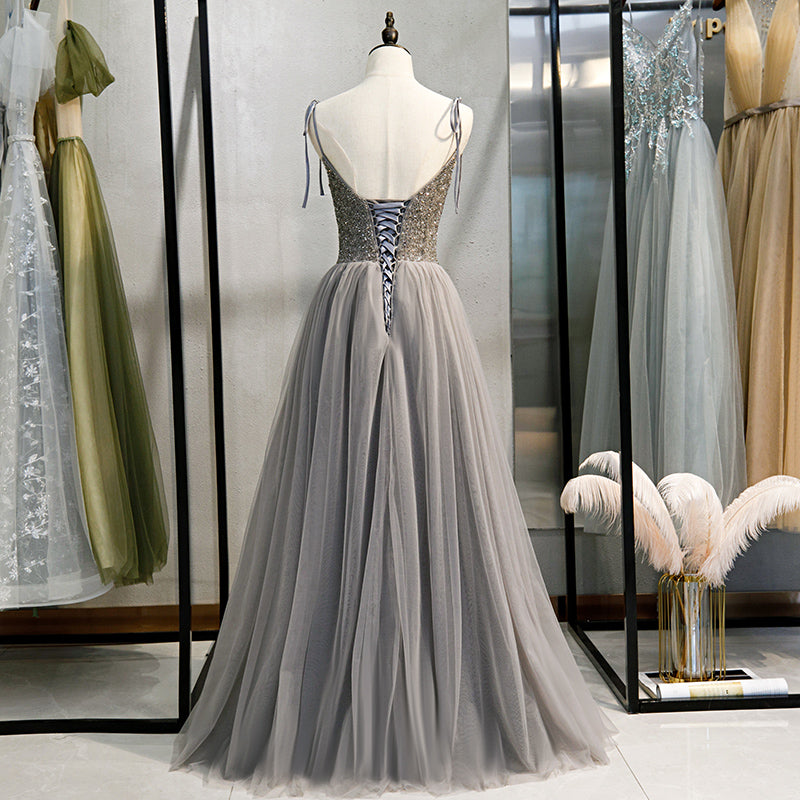 Grey Tulle Beaded Straps A-line Long Formal Dress, New Prom Dress Part ...