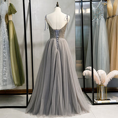Grey Tulle Beaded Straps A-line Long Formal Dress, New Prom Dress Party Dress