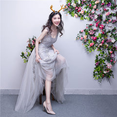 Light Grey Lace Appique Long V-neckline Party Dress, A-line Tulle Prom Dress Bridesmaid Dress