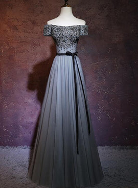 Charming Grey A-line Off Shoulder Prom Dress, Floor Length Formal Dress