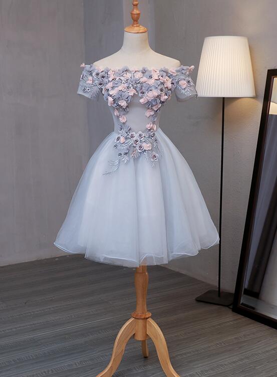 Light Grey Tulle Short Prom Dress with Flowers, Grey Homecoming Dress Graduation Dress