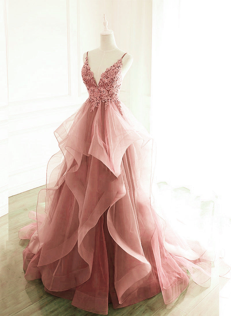 Dark Pink V-Neck Tulle Lace Prom Dress,Spaghetti Strap Prom Dress,Ruffle A Line Formal Dress