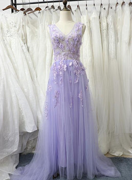 Charming Tulle Floral Light Purple Long Party Dress, A-line Prom Dress