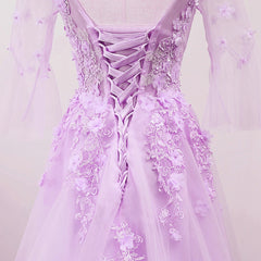Light Purple Tulle V-neckline Lace Applique New Prom Dress 2021, Lavender Party Dress