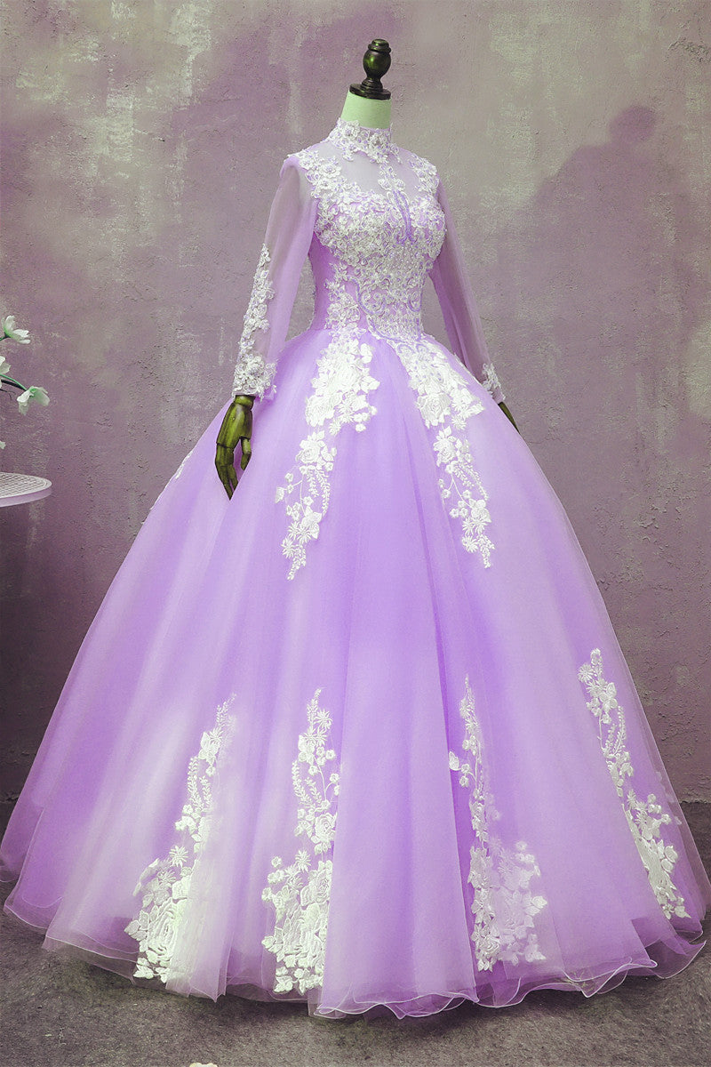 Light Purple Tulle Long Sleeves Applique Sweet 16 Gown, Beautiful Even Cutedressy Light Purple Tulle Long Sleeves Applique Sweet 16 Gown, Beautiful Even Cutedressy