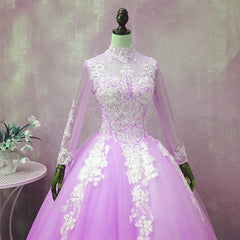 Light Purple Tulle Long Sleeves Applique Sweet 16 Gown, Beautiful Evening Dress Formal Dress