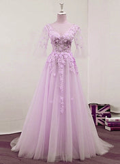 Light Purple Tulle V-neckline Lace Applique New Prom Dress 2021, Lavender Party Dress