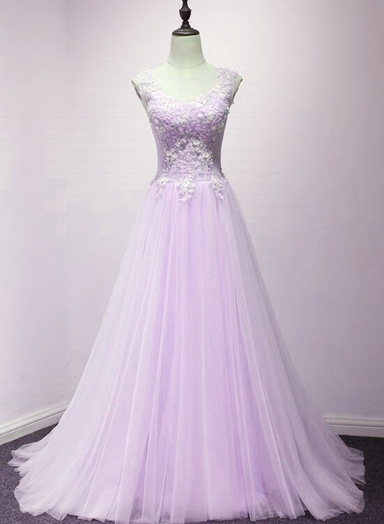 Lovely Tulle Round Neckline with Flowers, Long Wedding Party Dreses