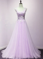 Lovely Tulle Round Neckline with Flowers, Long Wedding Party Dreses
