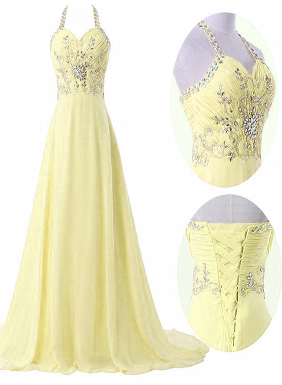 Light Yellow Chiffon Halter Beaded Long Party Dress, Chiffon Prom Dress 2021