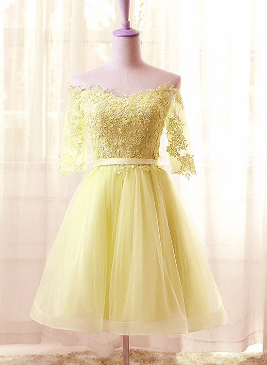 Light Yellow Tulle Short Sleeves with Lace Prom Dress, Sweetheart Home Light Yellow Tulle Short Sleeves with Lace Prom Dress, Sweetheart Home