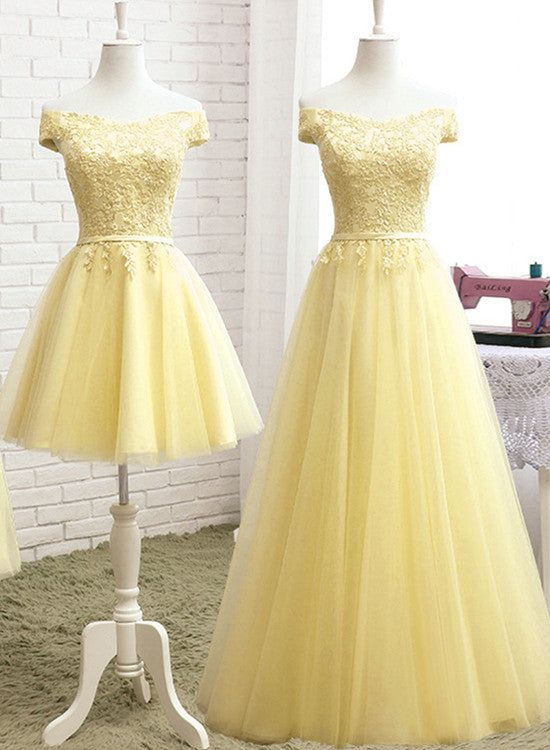 Fashion Light Yellow Tulle Off Shoulder Party Dress, Short Prom Dress, Homecoming Dress