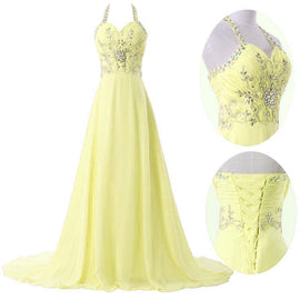 Light Yellow Chiffon Halter Beaded Long Party Dress, Chiffon Prom Dress 2021