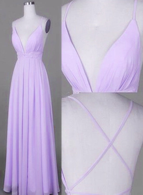 Lavender Chiffon Cross Back V--neckline Prom Gowns, Chiffon Fashion Junior Prom Dress