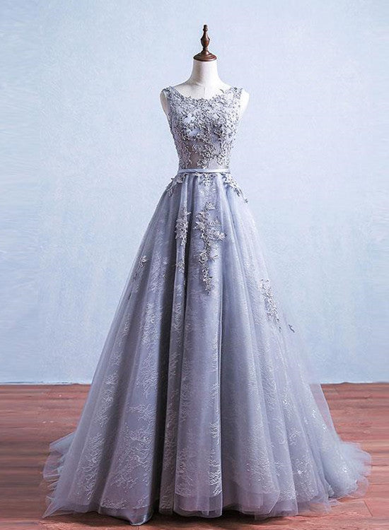 Grey Tulle and Lace A-line Charming Gowns, Woman Formal Gowns, Handmade Party Dresses