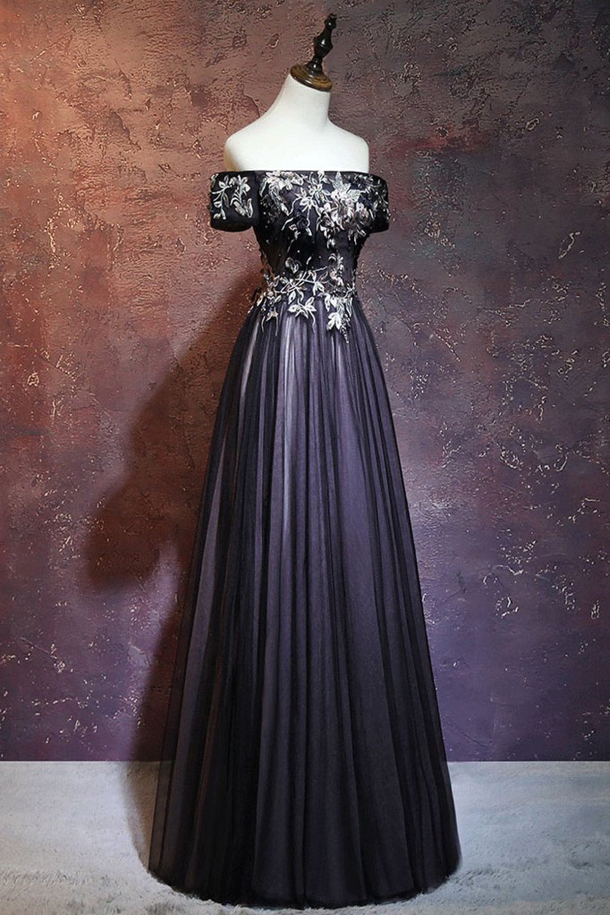 Black Floral Off Shoulder Tulle Long Prom Dress, Evening Party Dress
