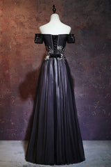Black Floral Off Shoulder Tulle Long Prom Dress, Evening Party Dress
