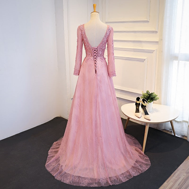 Pink Long Sleeves Lace Party Dress, Pink Prom Dress Cutedressy Pink Long Sleeves Lace Party Dress, Pink Prom Dress Cutedressy