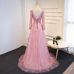 Pink Long Sleeves Lace Party Dress, Pink  Prom Dress