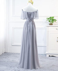 Grey Long Chiffon Off the Shoulder Bridesmaid Dress, Party Dress