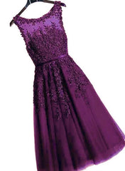 Beautiful Purple Tea Length Lace Applique Party Dress, Tulle with Lace Prom Dress
