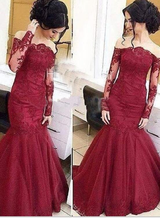 Dark Red Off Shoulder Mermaid Wedding Party Gowns, Long Formal Dress, Evening Gowns