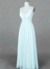 Mint Blue Straps Chiffon Long Party Dress, Prom Dress , Simple V-neckline Formal Dresses