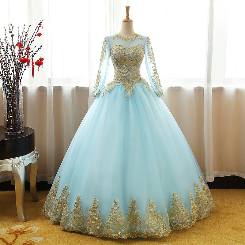 Mint Blue Long Sleeves with Gold Lace Long Party Dress, Tulle Round Neckline Sweet 16 Dress