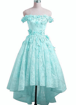 Mint Green Lace Off Shoulder High Low Party Dress, Short Prom Dress Formal Dress