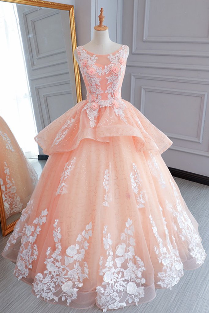 Peach Pink Tulle Princess Sweet 16 Party Dress, Quinceanera Dresses Formal Dress