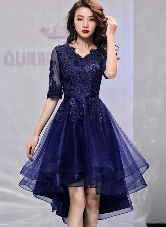 Navy Blue Short Sleeves High Low Homecoming Dress with Lace, Short Sle ...