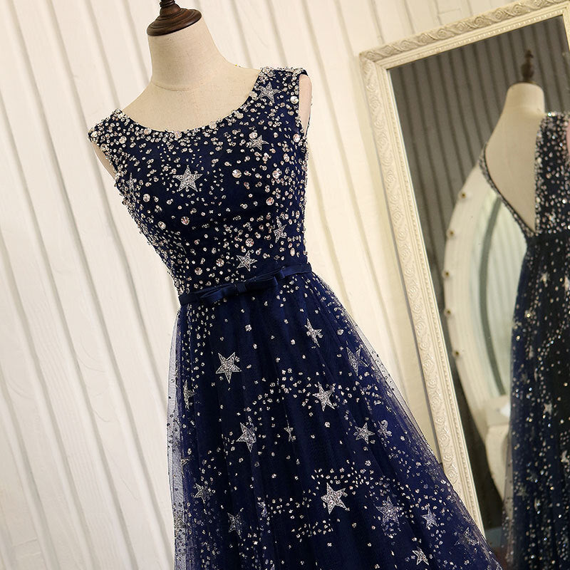Shiny Navy Blue Tulle Long Formal Dress, Blue Prom Dress Evening Gown Cutedressy Shiny Navy Blue Tulle Long Formal Dress, Blue Prom Dress Evening Gown Cutedressy