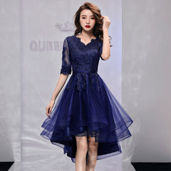 Navy Blue Short Sleeves High Low Homecoming Dress with Lace, Short Sleeves Prom Dress Party Dress