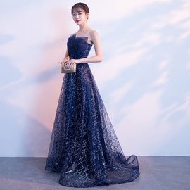 Navy Blue Floor Length Long Party Gown, A-line Long Prom Dress