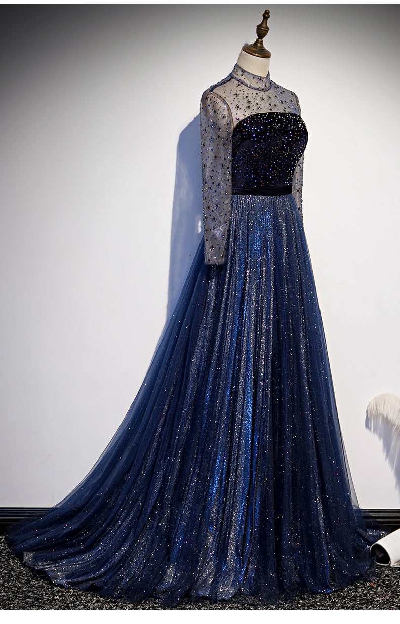 Navy Blue Long Sleeves Shiny Sparkle Long Evening Dress, Sequins Blue Cutedressy Navy Blue Long Sleeves Shiny Sparkle Long Evening Dress, Sequins Blue Cutedressy