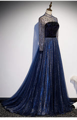 Navy Blue Long Sleeves Shiny Sparkle Long Evening Dress, Sequins Blue Wedding Party Dress