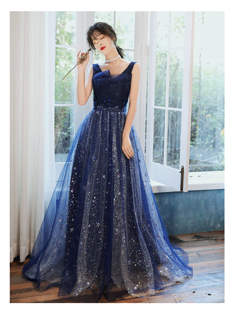 Charming Navy Blue Long Party Dress with Sequins, Blue Evening Gown Pr ...